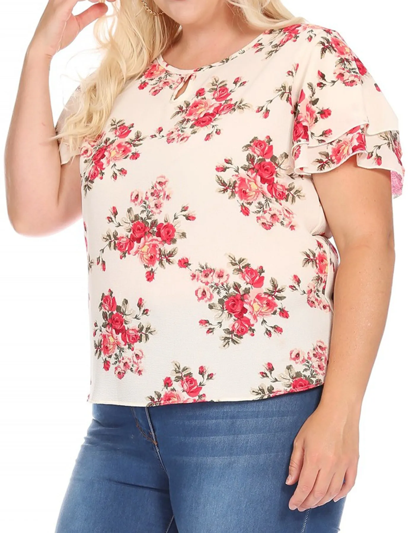 Women's Plus Size Casual Floral Flowy Short Sleeve Round Neck Key Hole Tee Blouse Top