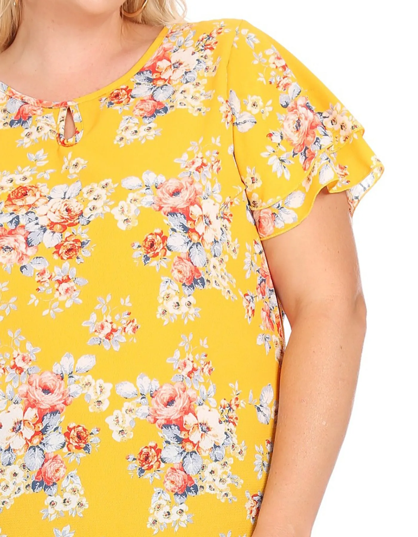 Women's Plus Size Casual Floral Flowy Short Sleeve Round Neck Key Hole Tee Blouse Top