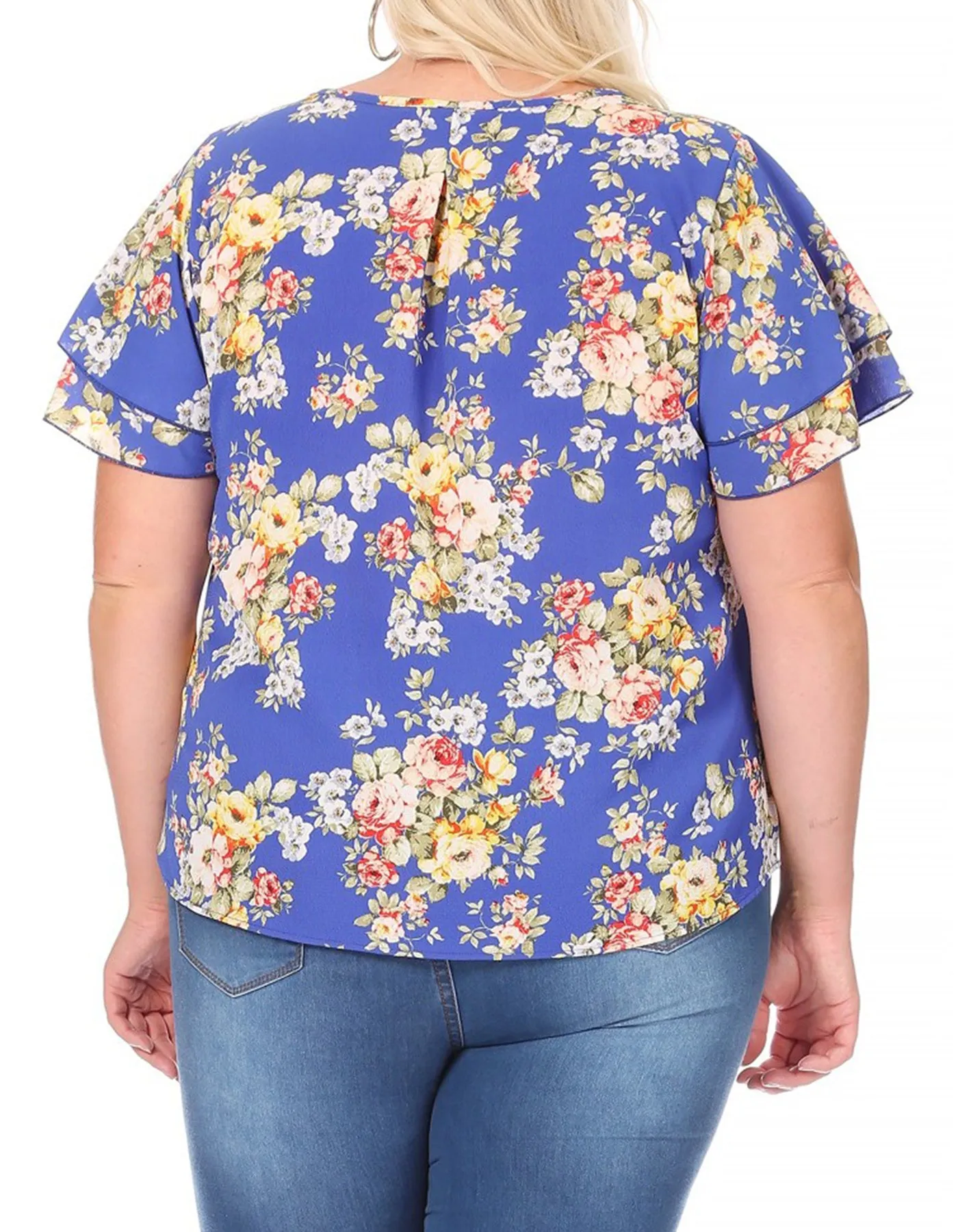 Women's Plus Size Casual Floral Flowy Short Sleeve Round Neck Key Hole Tee Blouse Top