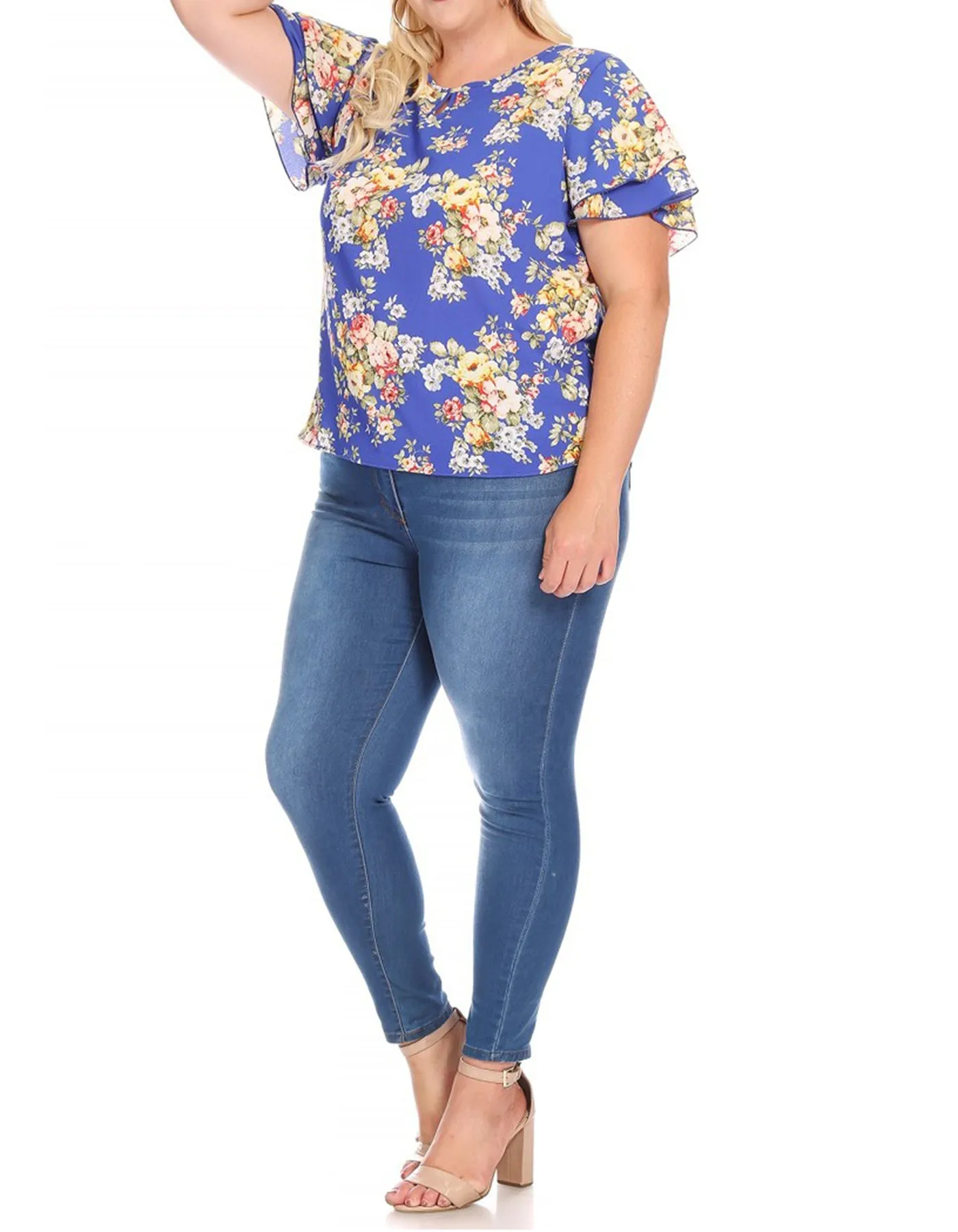 Women's Plus Size Casual Floral Flowy Short Sleeve Round Neck Key Hole Tee Blouse Top
