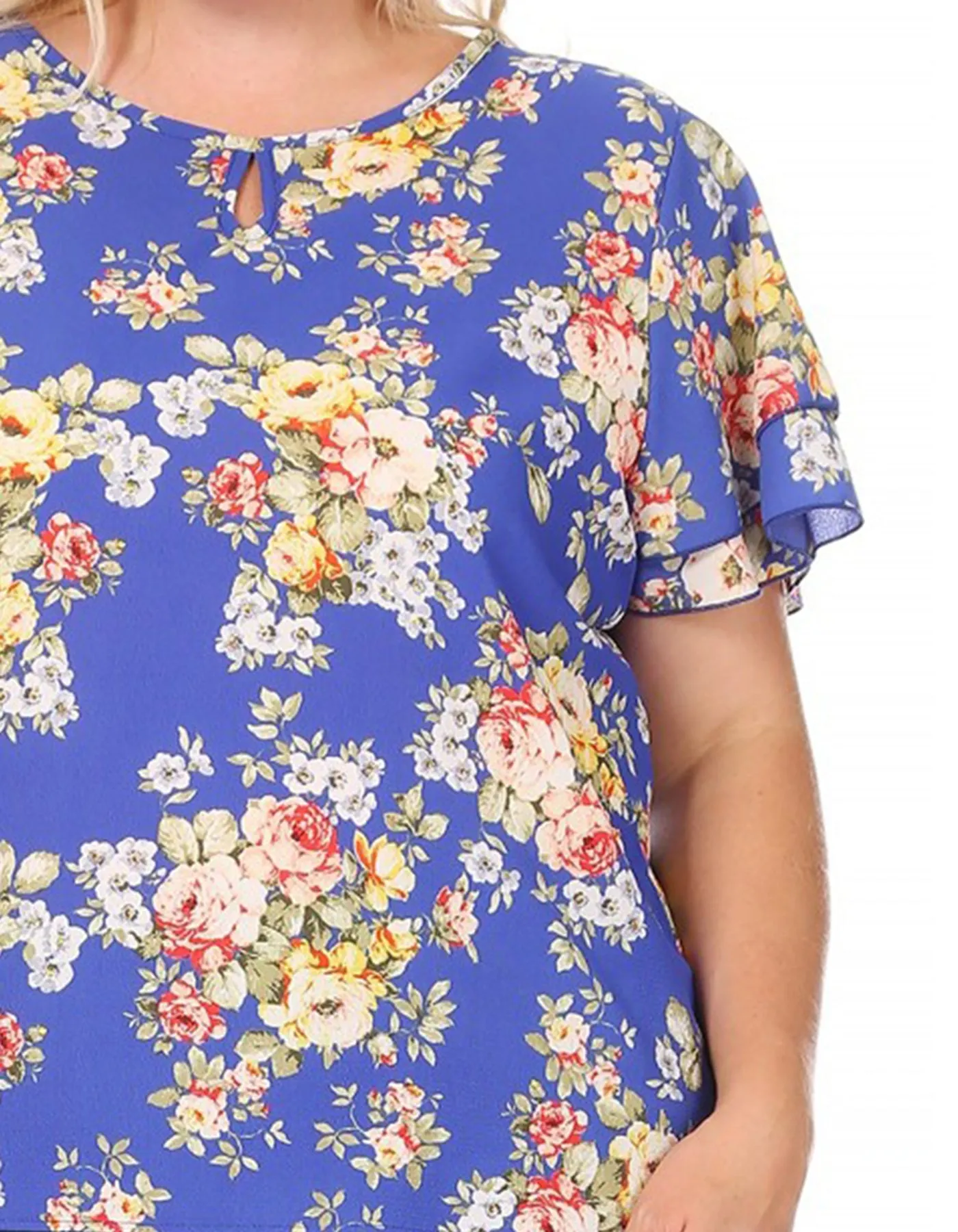Women's Plus Size Casual Floral Flowy Short Sleeve Round Neck Key Hole Tee Blouse Top