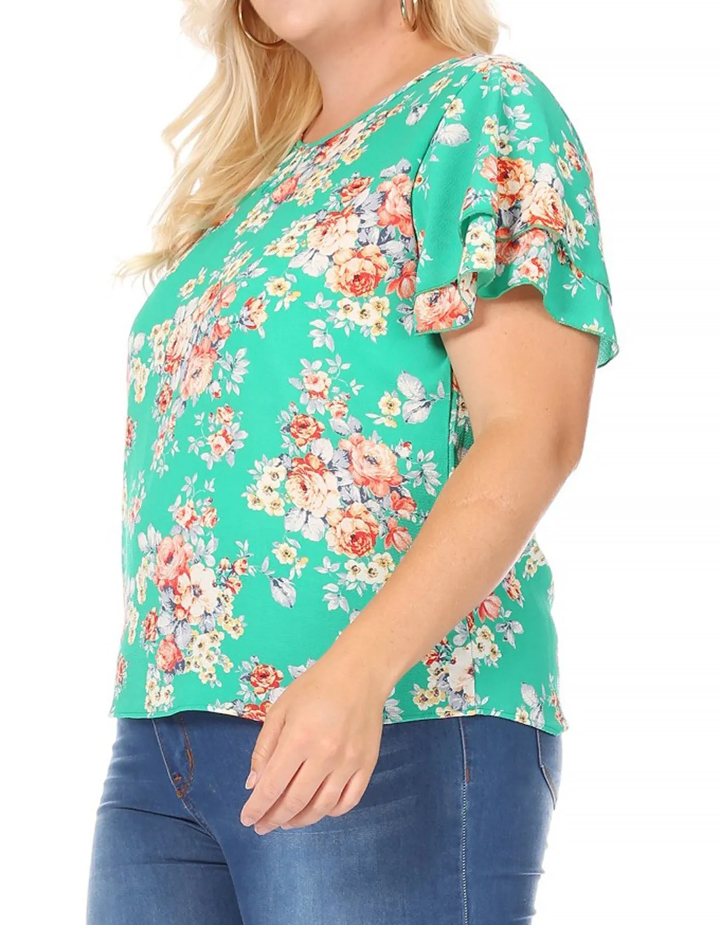 Women's Plus Size Casual Floral Flowy Short Sleeve Round Neck Key Hole Tee Blouse Top