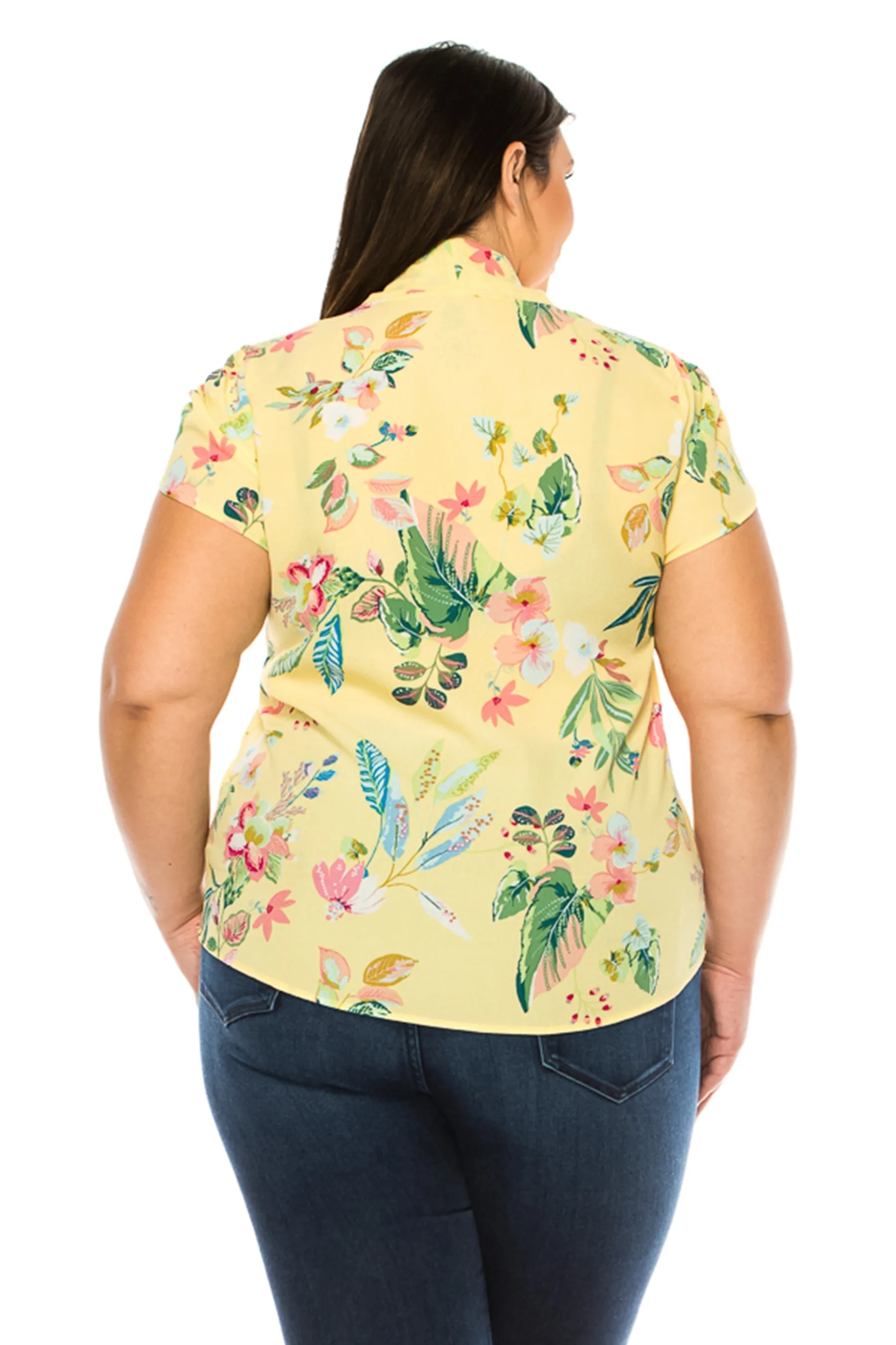 Women's Plus Size Floral Print Overlapping Short Sleeve Top with Front Tie Collar