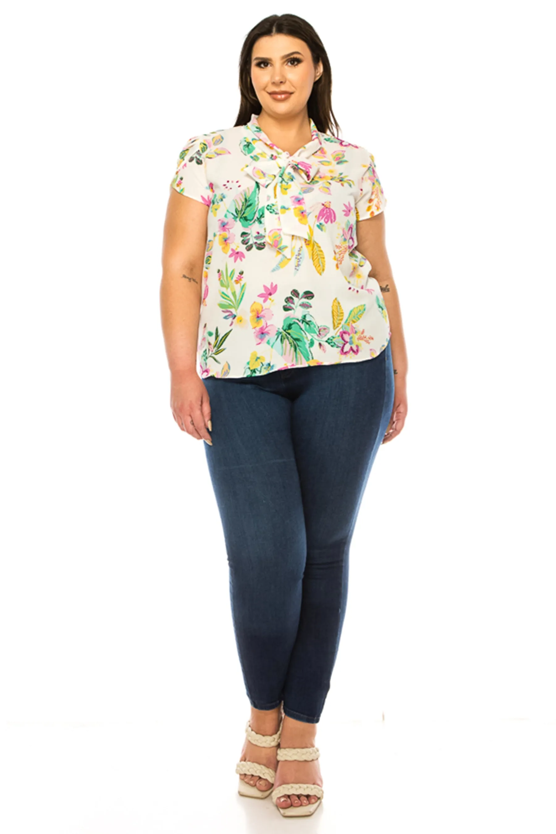 Women's Plus Size Floral Print Overlapping Short Sleeve Top with Front Tie Collar