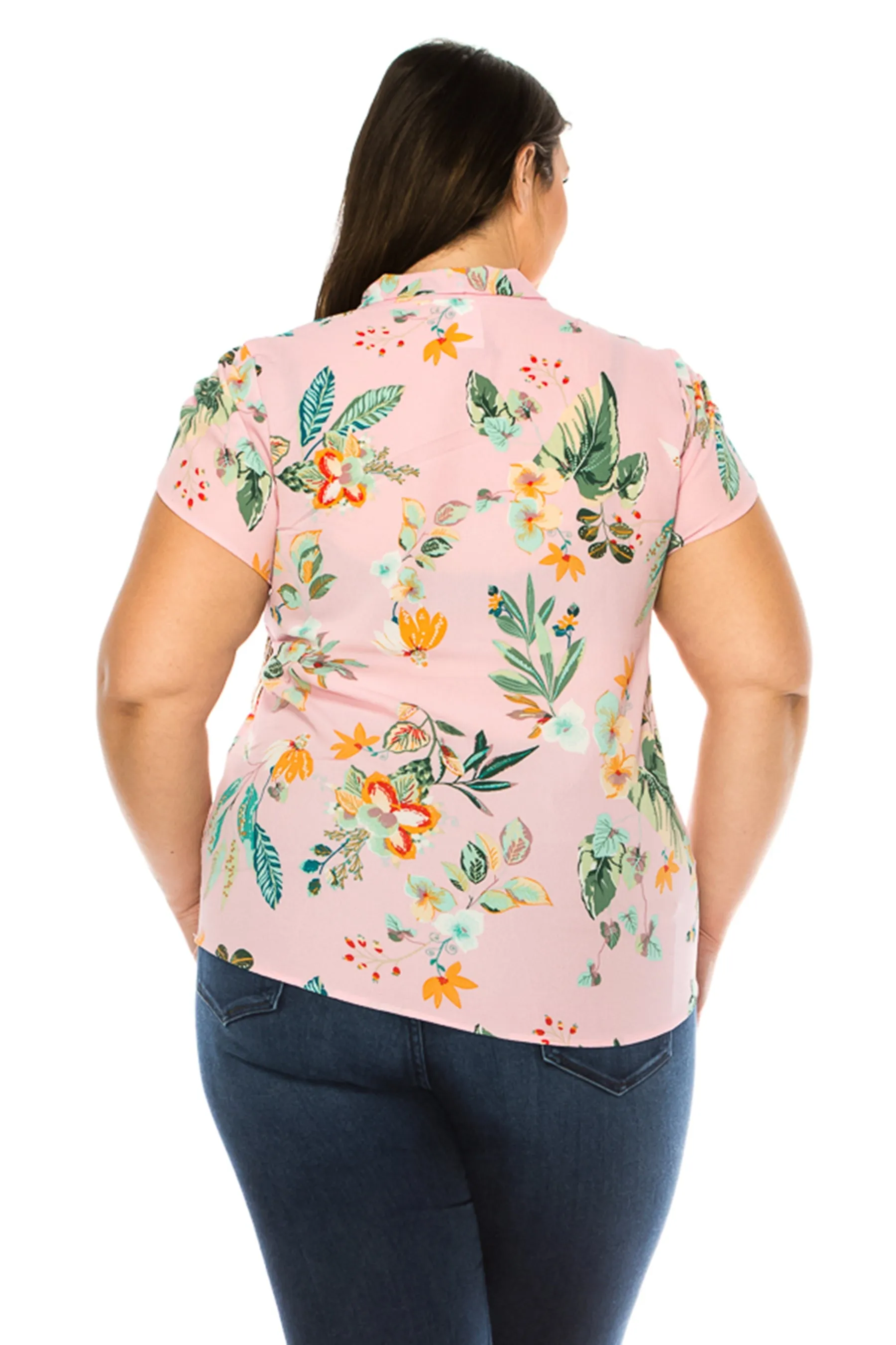 Women's Plus Size Floral Print Overlapping Short Sleeve Top with Front Tie Collar