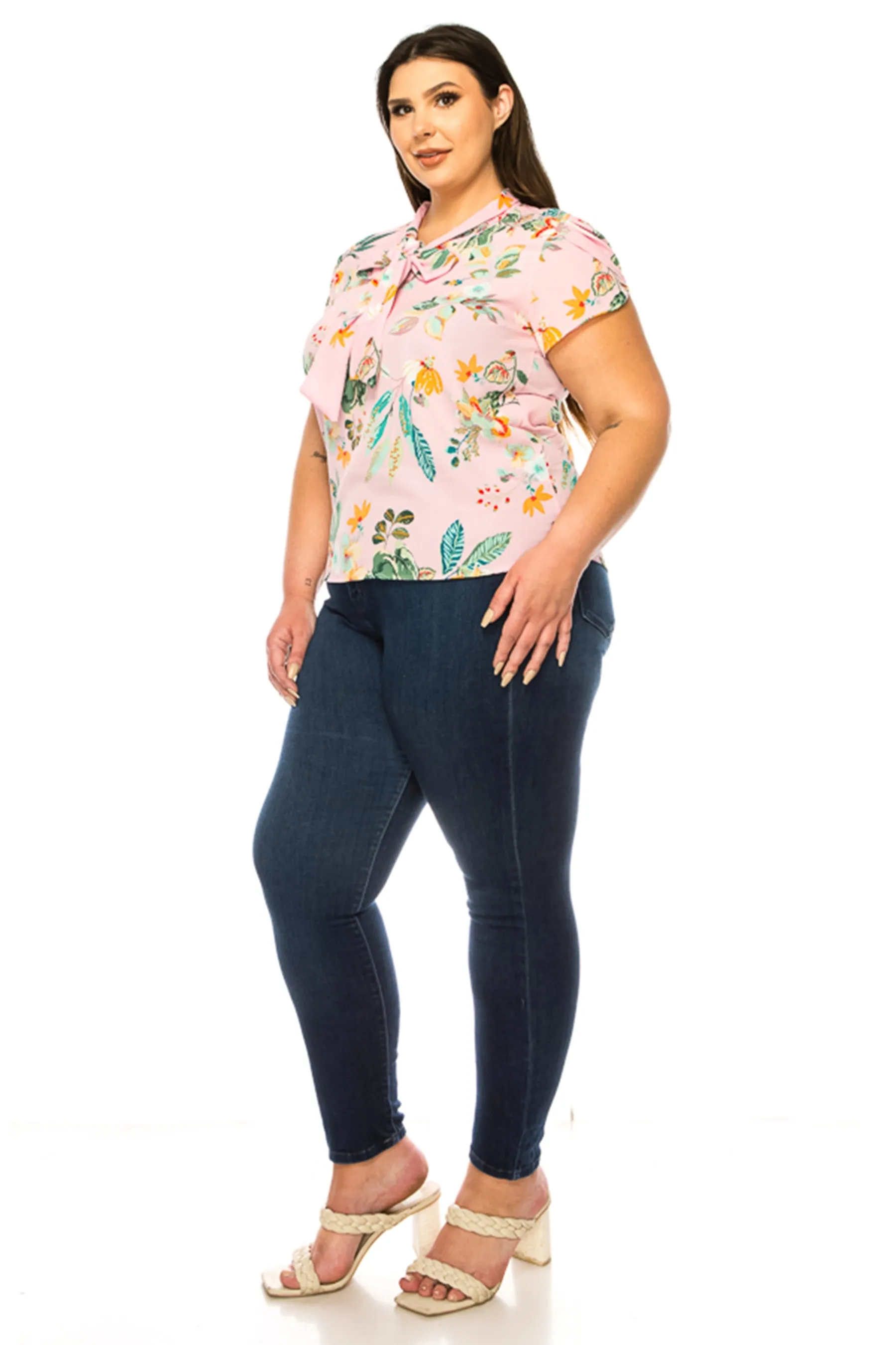 Women's Plus Size Floral Print Overlapping Short Sleeve Top with Front Tie Collar