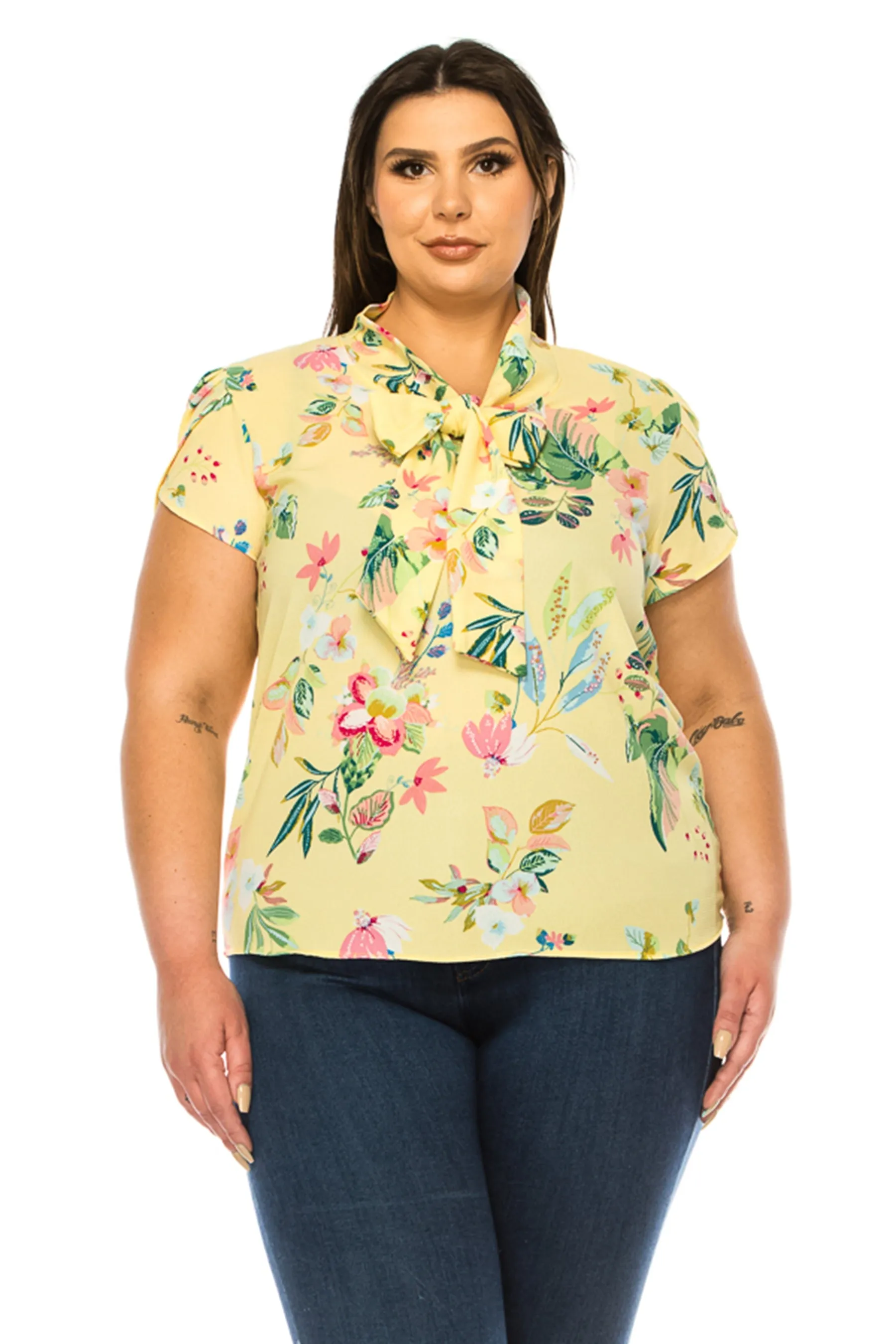 Women's Plus Size Floral Print Overlapping Short Sleeve Top with Front Tie Collar