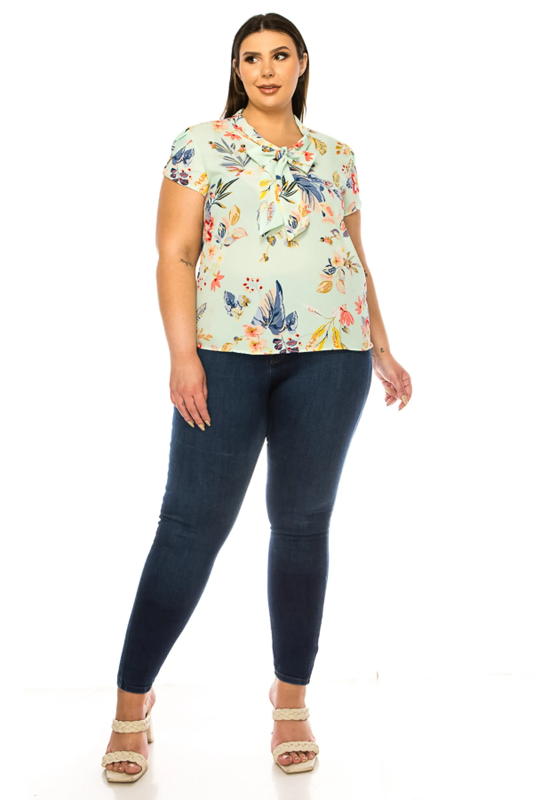 Women's Plus Size Floral Print Overlapping Short Sleeve Top with Front Tie Collar