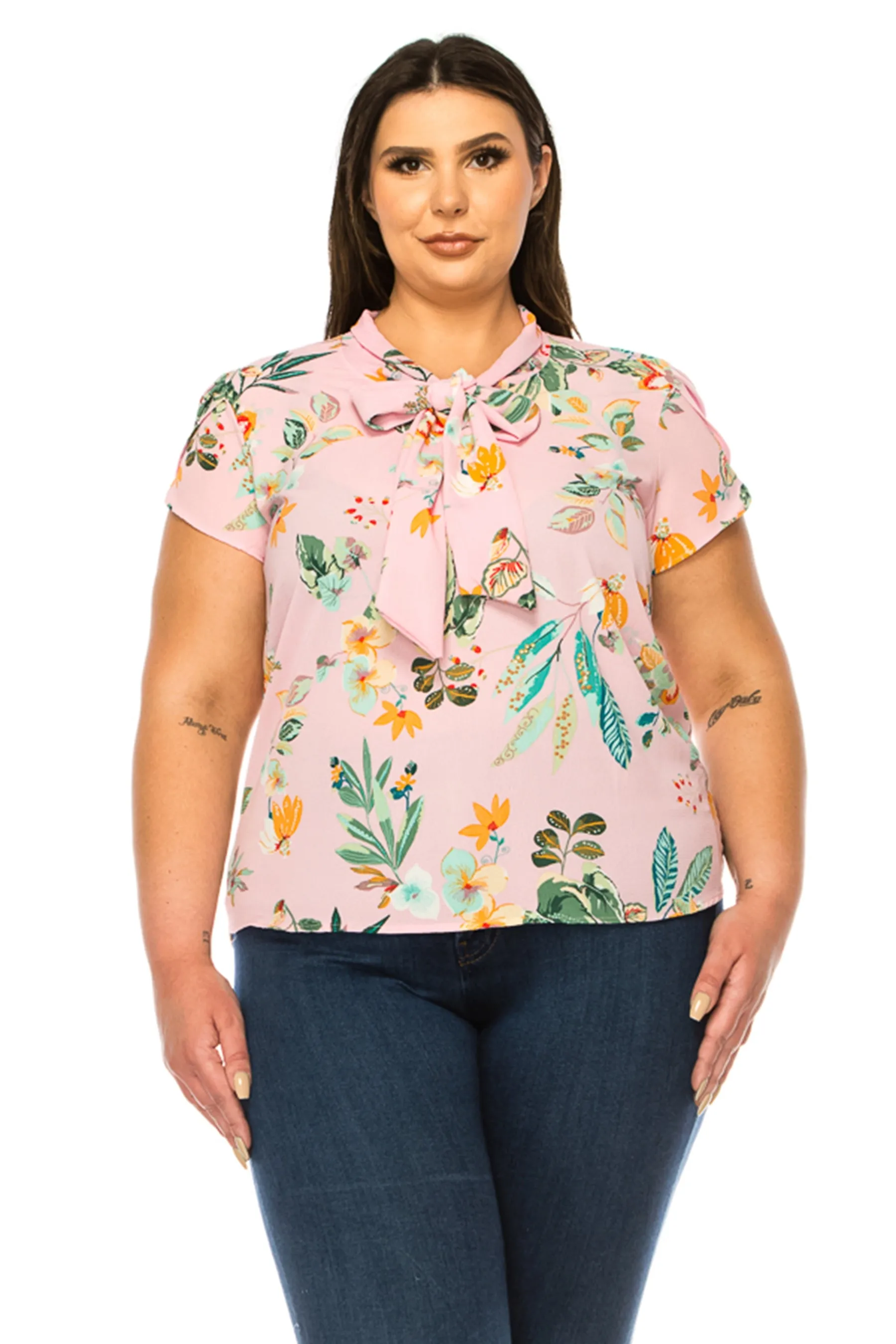 Women's Plus Size Floral Print Overlapping Short Sleeve Top with Front Tie Collar
