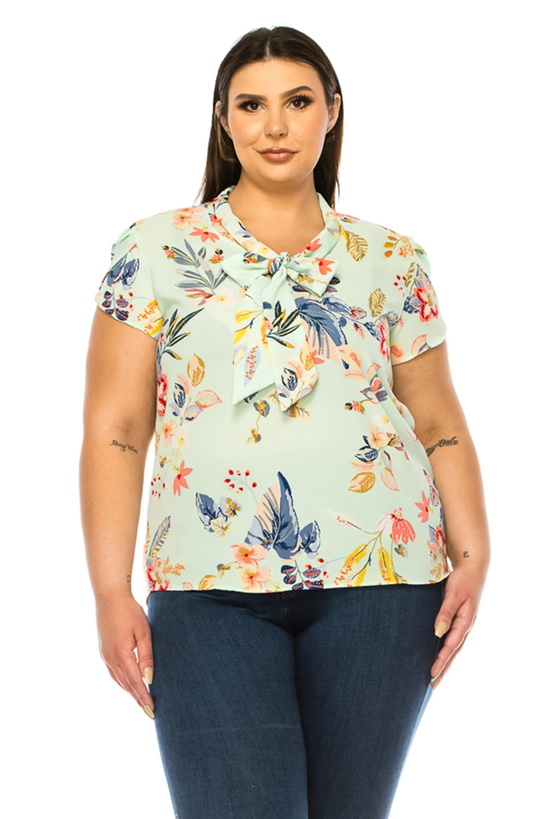 Women's Plus Size Floral Print Overlapping Short Sleeve Top with Front Tie Collar