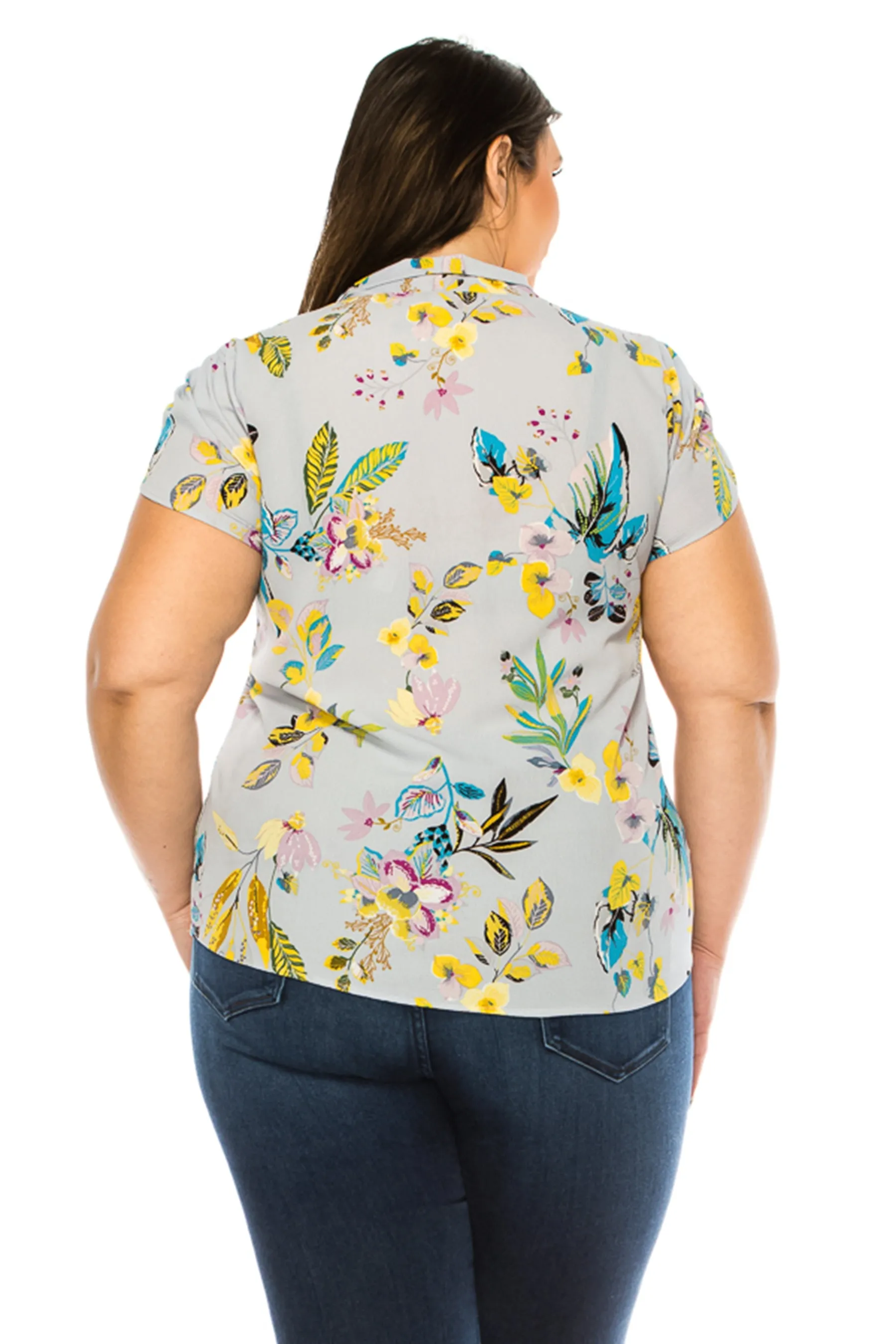 Women's Plus Size Floral Print Overlapping Short Sleeve Top with Front Tie Collar
