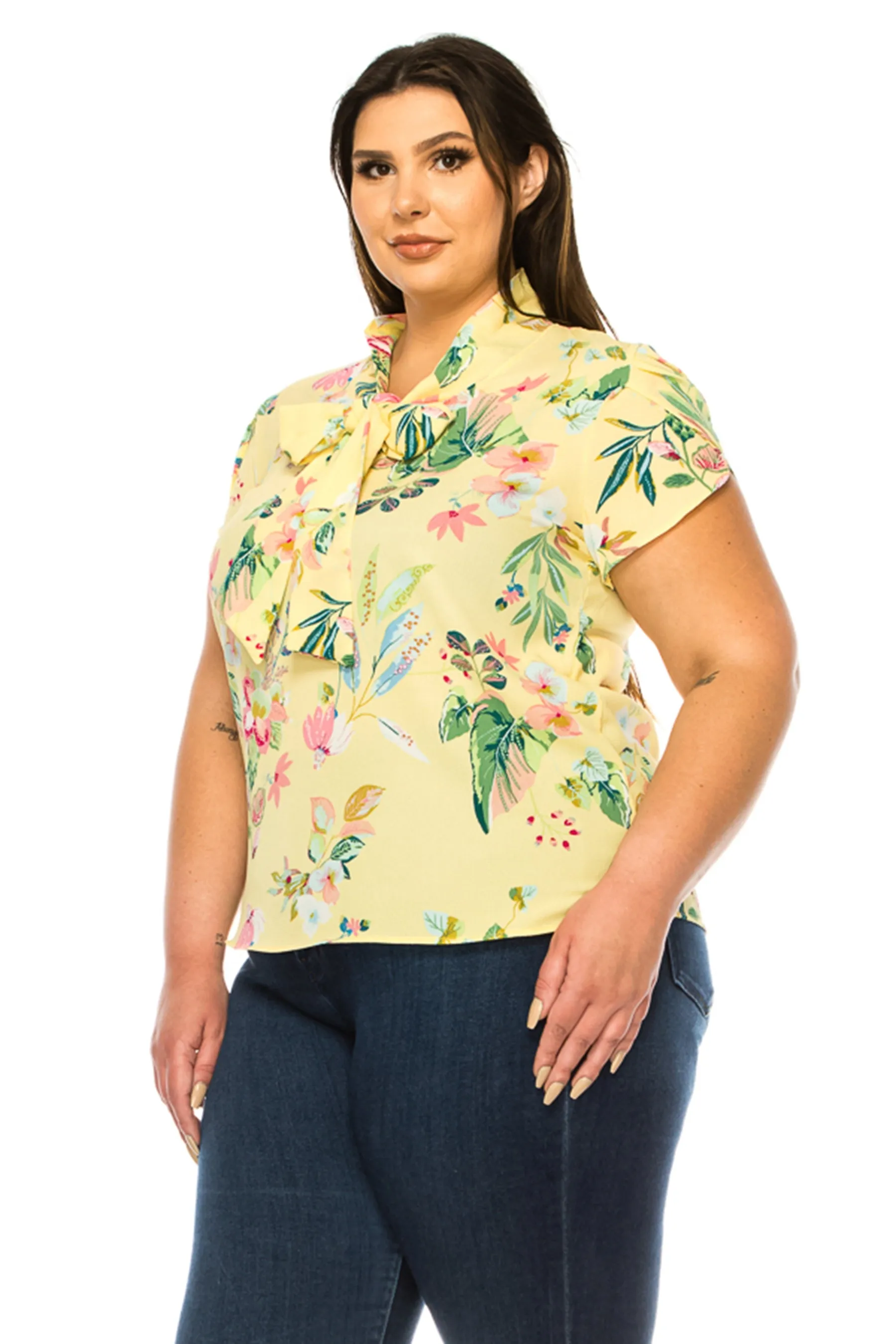 Women's Plus Size Floral Print Overlapping Short Sleeve Top with Front Tie Collar