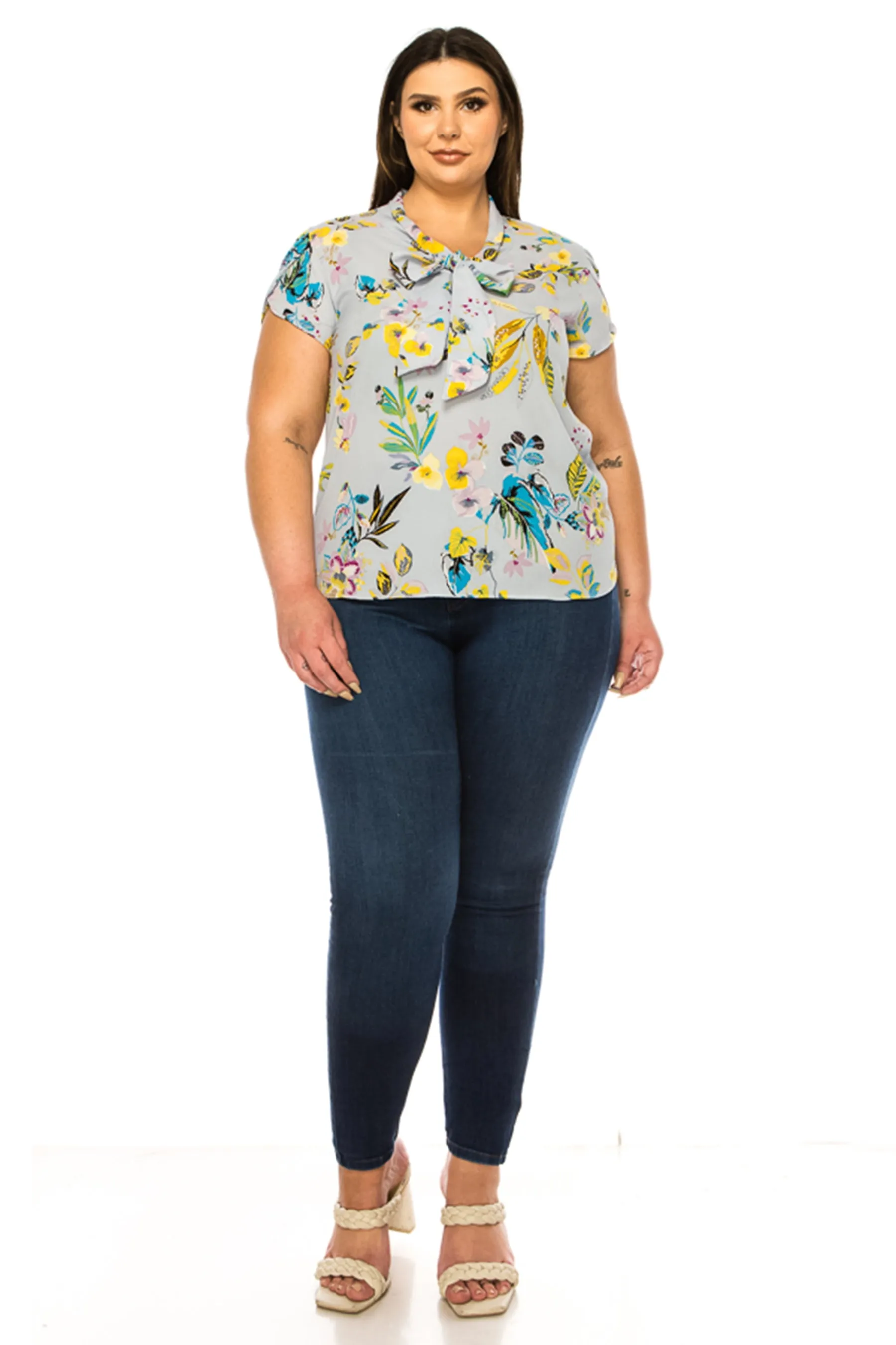Women's Plus Size Floral Print Overlapping Short Sleeve Top with Front Tie Collar