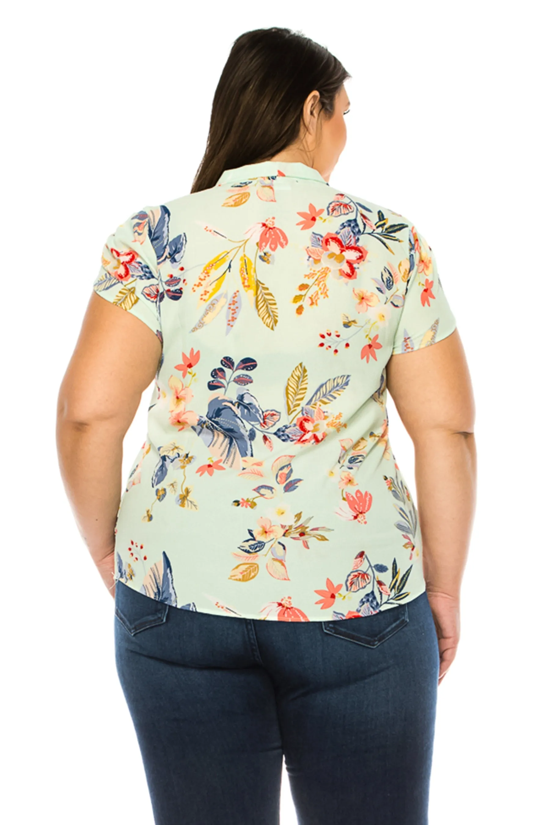 Women's Plus Size Floral Print Overlapping Short Sleeve Top with Front Tie Collar