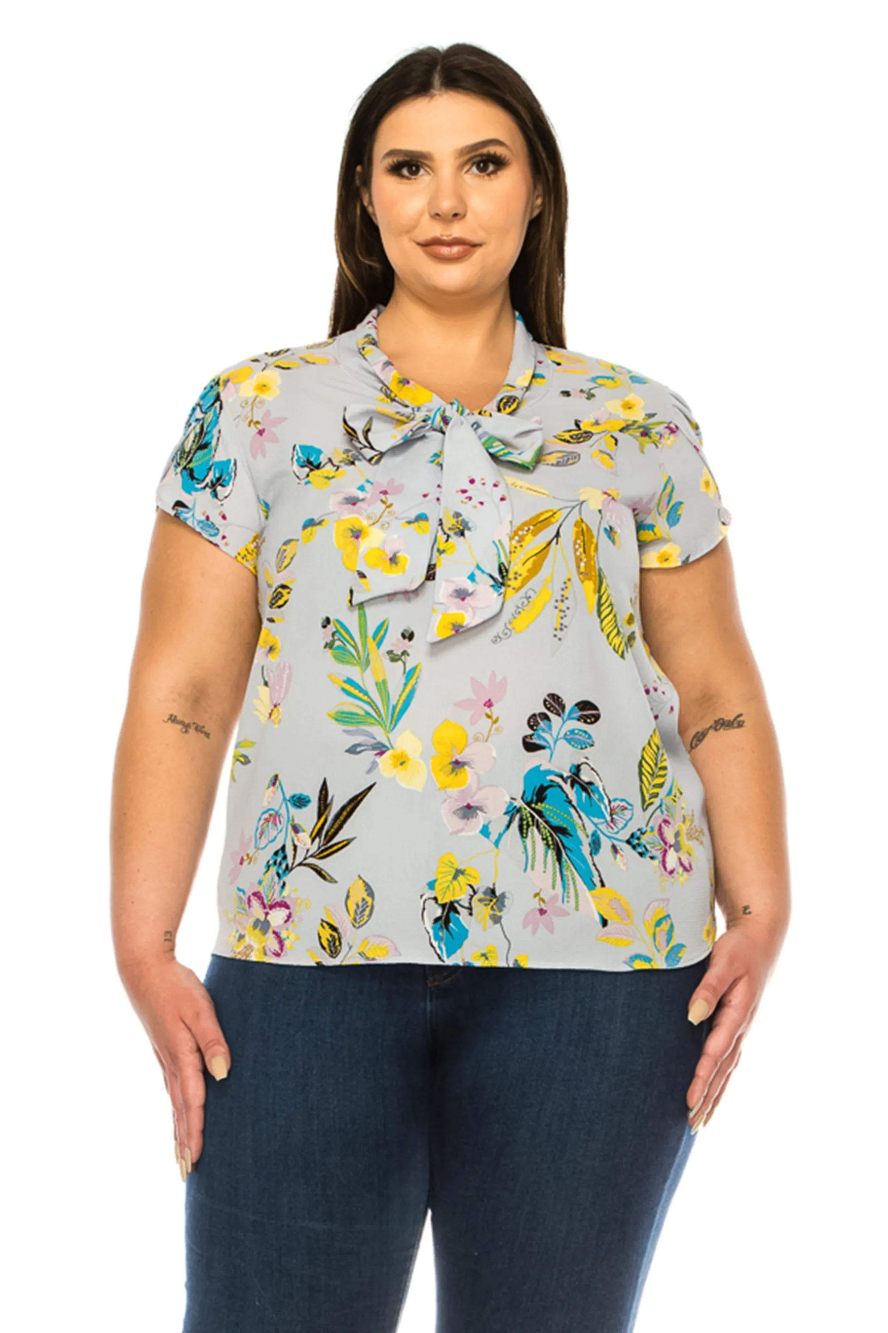 Women's Plus Size Floral Print Overlapping Short Sleeve Top with Front Tie Collar
