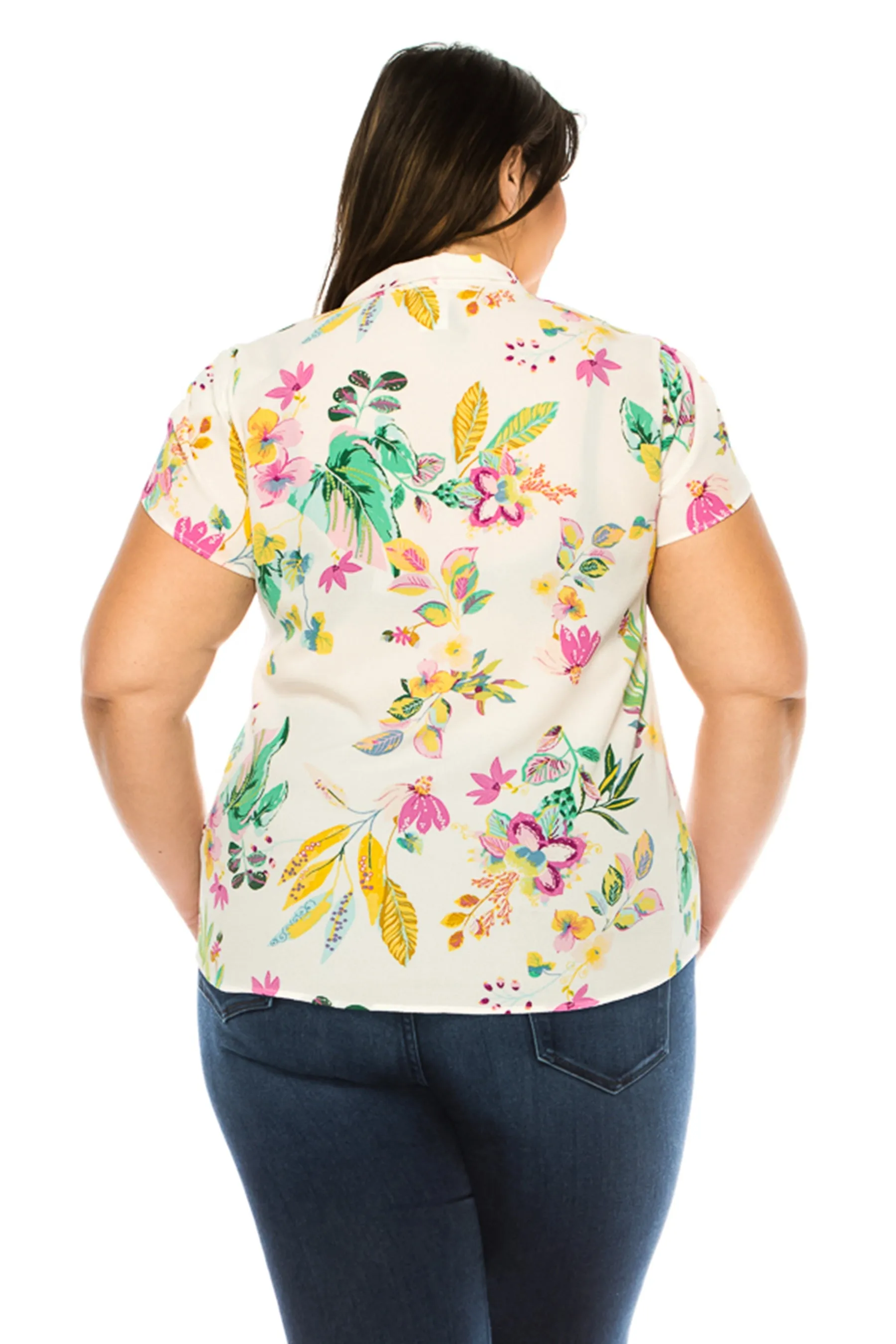 Women's Plus Size Floral Print Overlapping Short Sleeve Top with Front Tie Collar