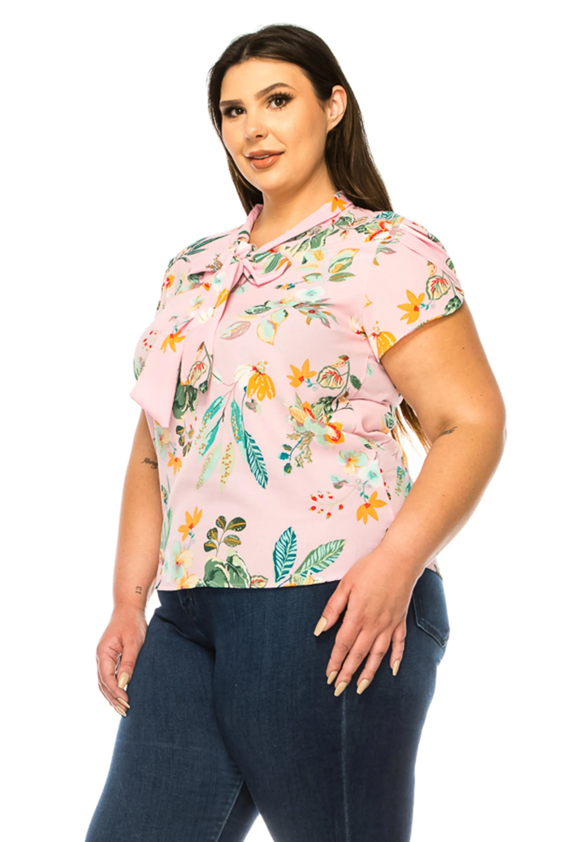 Women's Plus Size Floral Print Overlapping Short Sleeve Top with Front Tie Collar