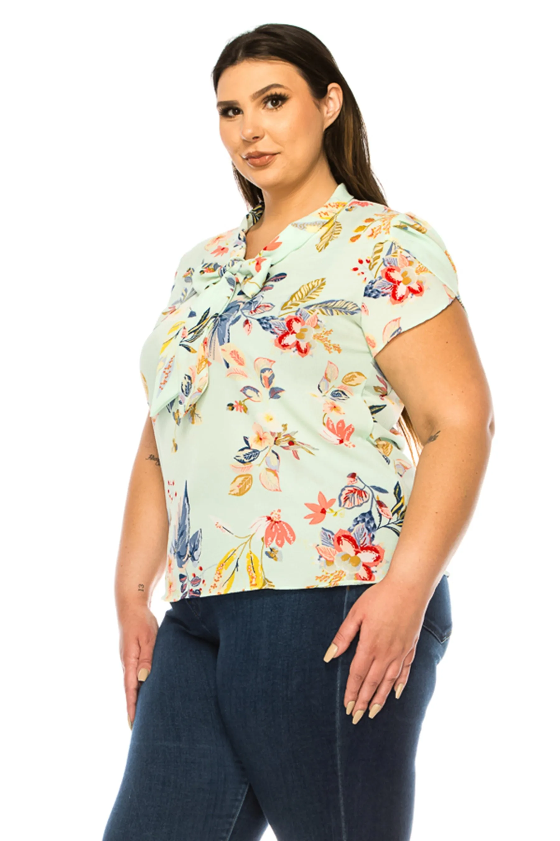 Women's Plus Size Floral Print Overlapping Short Sleeve Top with Front Tie Collar