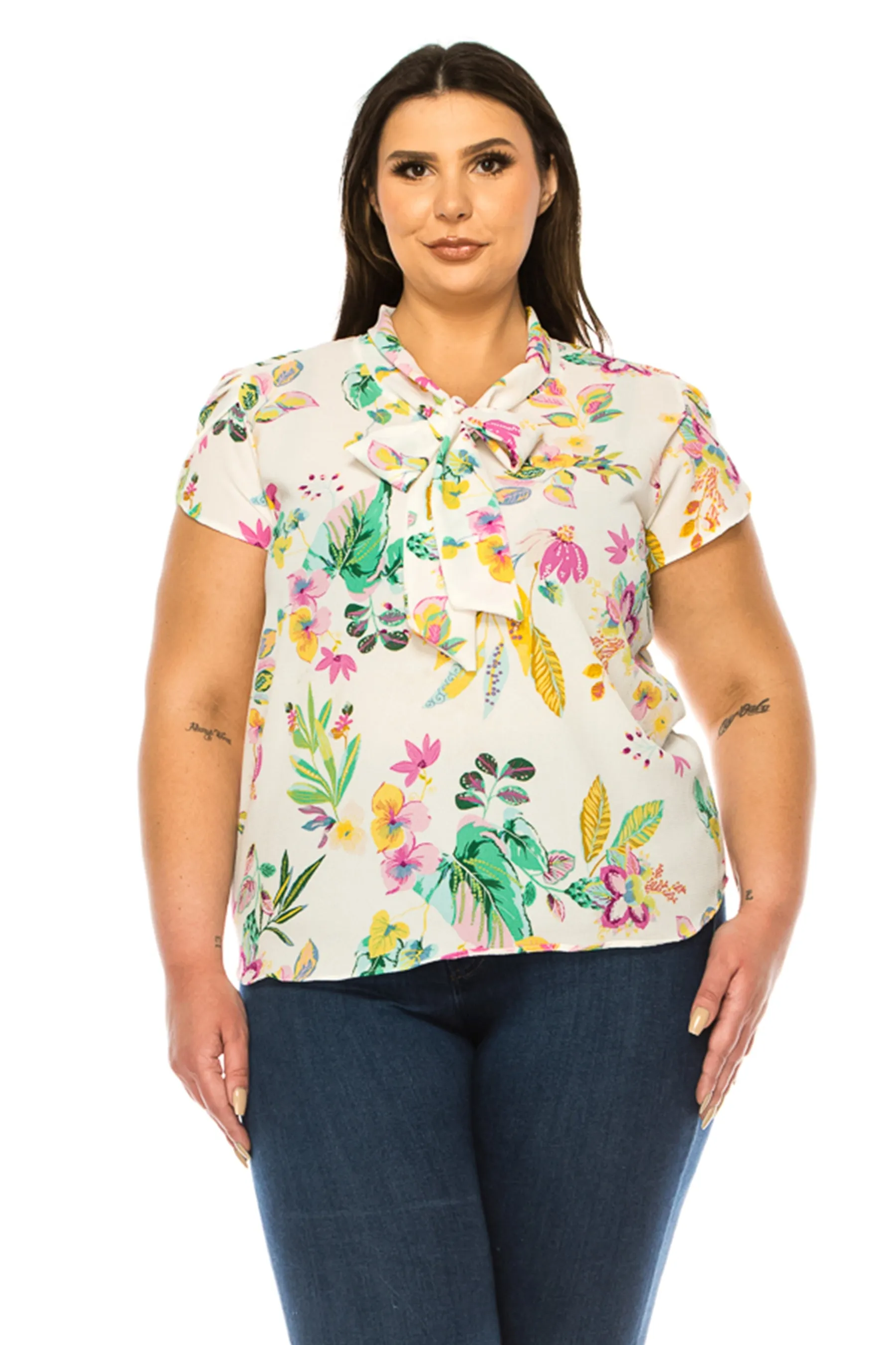 Women's Plus Size Floral Print Overlapping Short Sleeve Top with Front Tie Collar