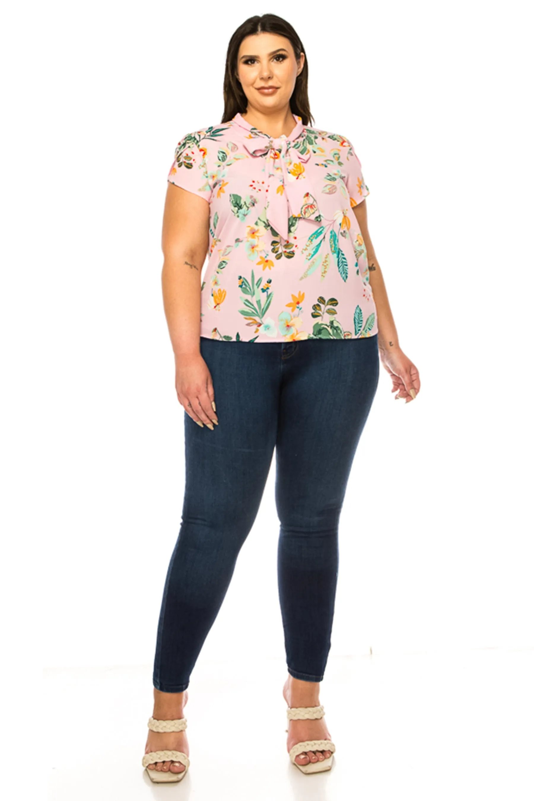 Women's Plus Size Floral Print Overlapping Short Sleeve Top with Front Tie Collar