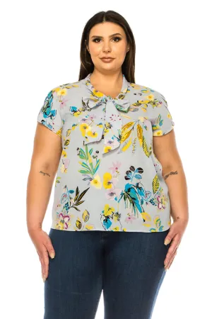 Women's Plus Size Floral Print Overlapping Short Sleeve Top with Front Tie Collar