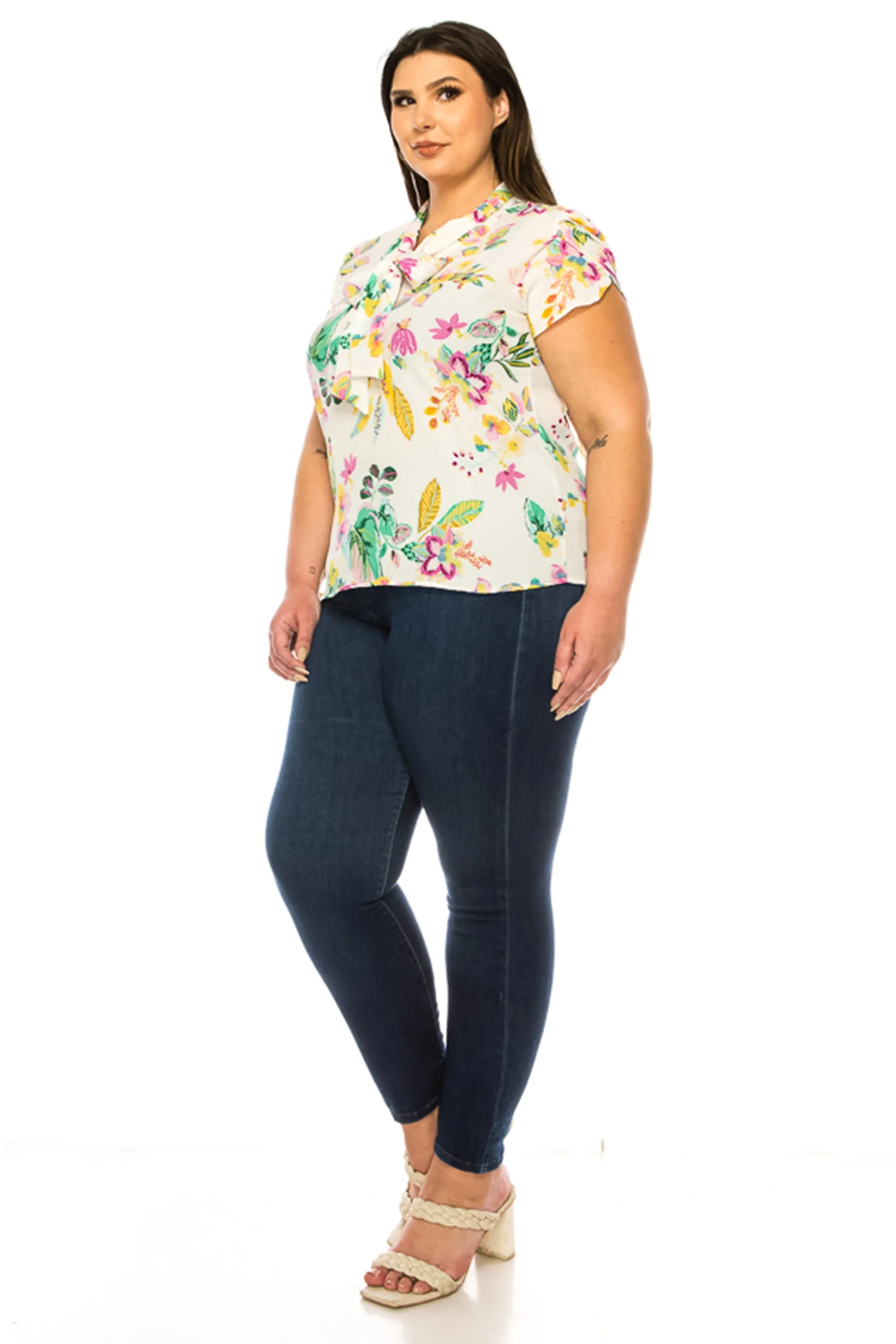 Women's Plus Size Floral Print Overlapping Short Sleeve Top with Front Tie Collar