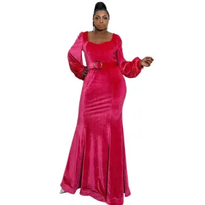 Women's plus size Velvet Mermaid Rosy Prom Dress Long Evening Party Dresses