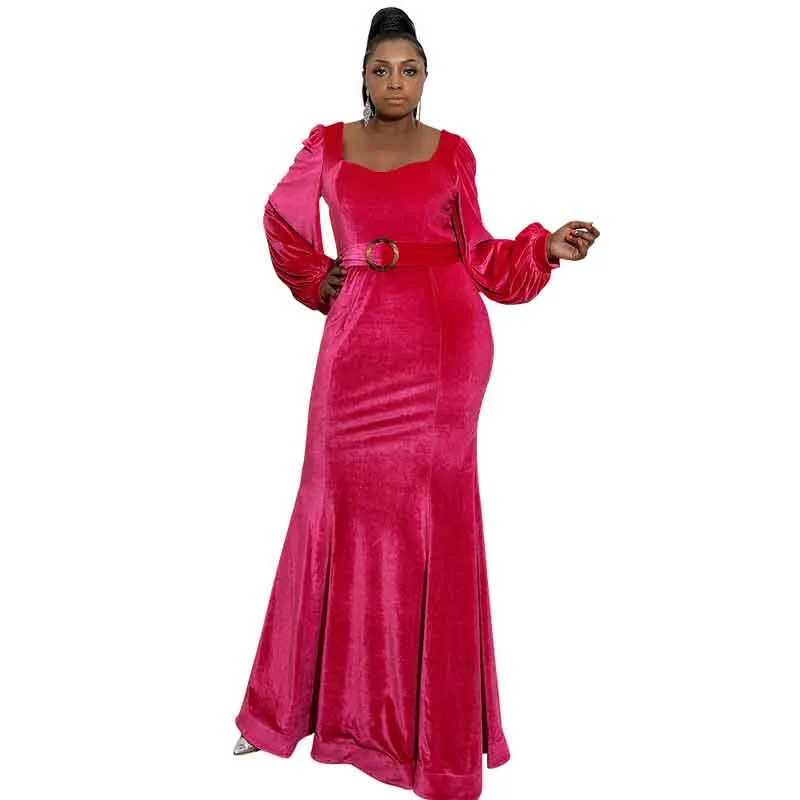 Women's plus size Velvet Mermaid Rosy Prom Dress Long Evening Party Dresses