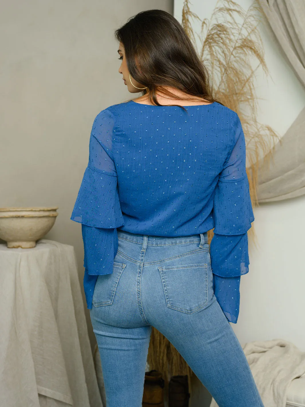 WOMEN'S RUFFLE LONG SLEEVE SURPLICE BODYSUIT