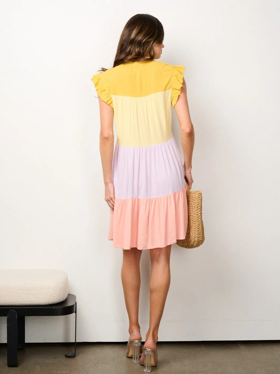 WOMEN'S RUFFLE SLEEVE BUTTON UP COLORBLOCK TUNIC MINI DRESS