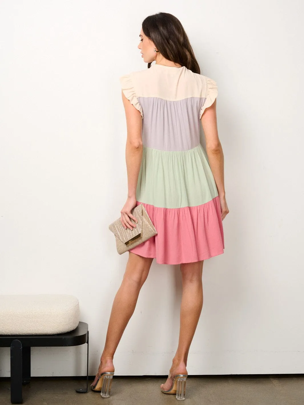 WOMEN'S RUFFLE SLEEVE BUTTON UP COLORBLOCK TUNIC MINI DRESS