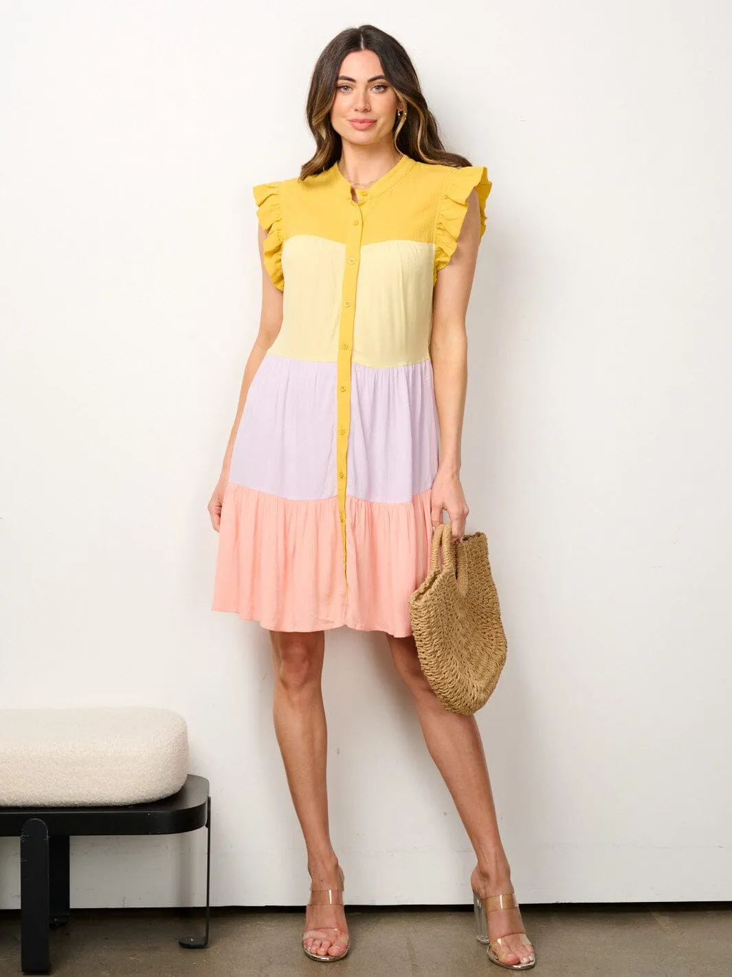 WOMEN'S RUFFLE SLEEVE BUTTON UP COLORBLOCK TUNIC MINI DRESS