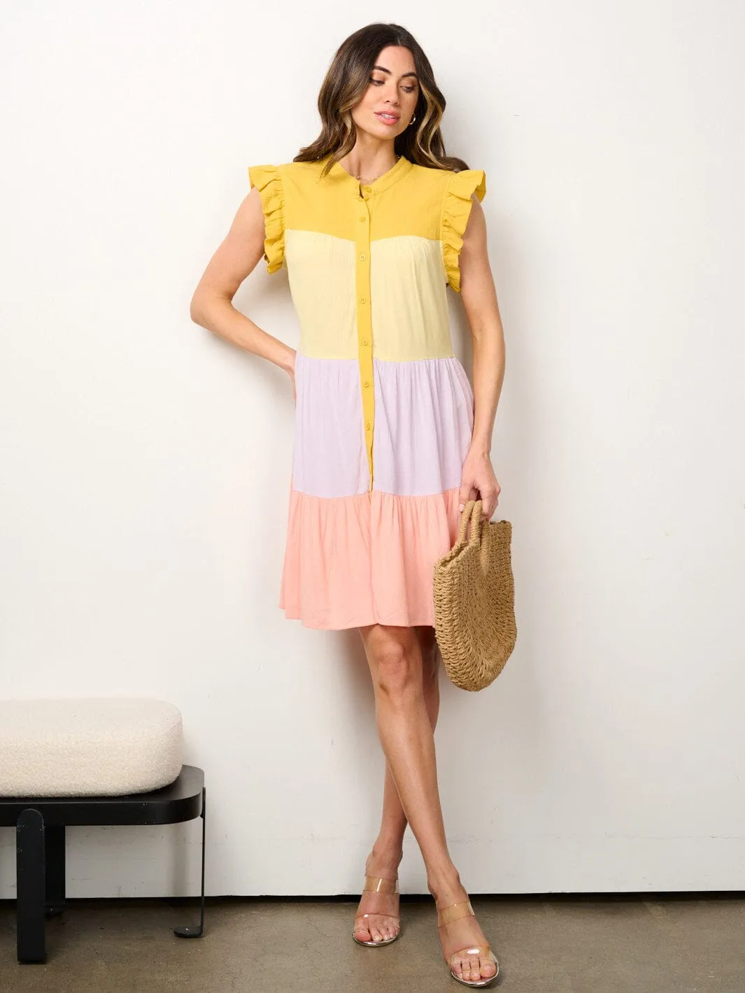 WOMEN'S RUFFLE SLEEVE BUTTON UP COLORBLOCK TUNIC MINI DRESS