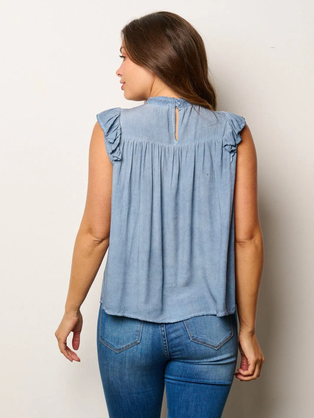 WOMEN'S RUFFLE SLEEVE MOCK NECK WASHED TUNIC TOP