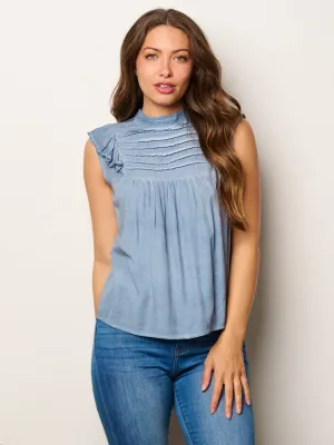 WOMEN'S RUFFLE SLEEVE MOCK NECK WASHED TUNIC TOP