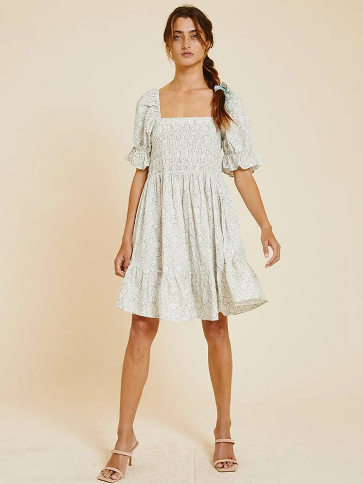 WOMEN'S SHORT PUFF SLEEVE SQUARE NECK POCKETS PRINTED MINI DRESS