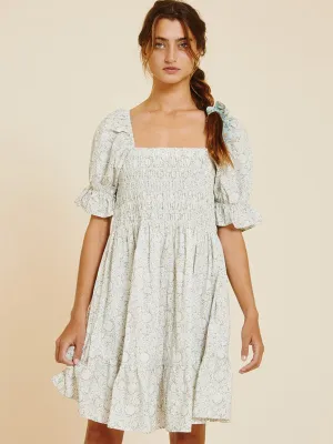 WOMEN'S SHORT PUFF SLEEVE SQUARE NECK POCKETS PRINTED MINI DRESS