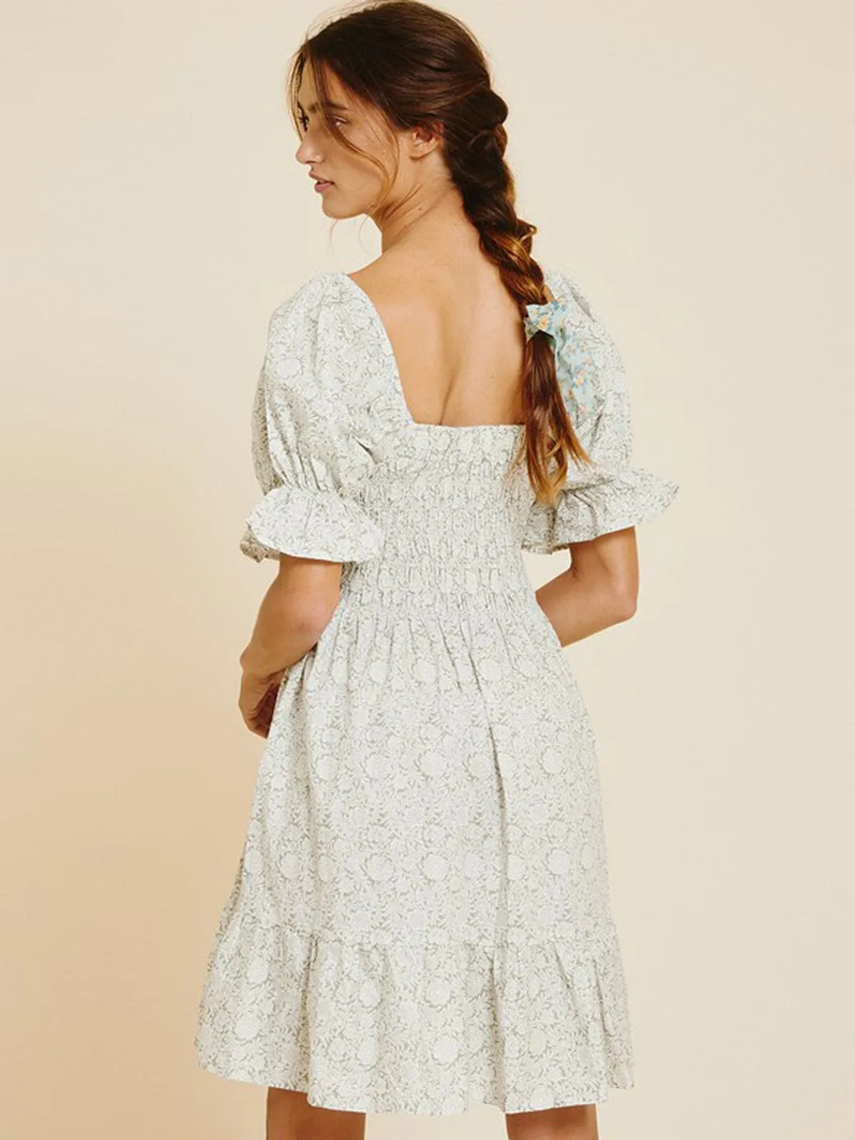 WOMEN'S SHORT PUFF SLEEVE SQUARE NECK POCKETS PRINTED MINI DRESS