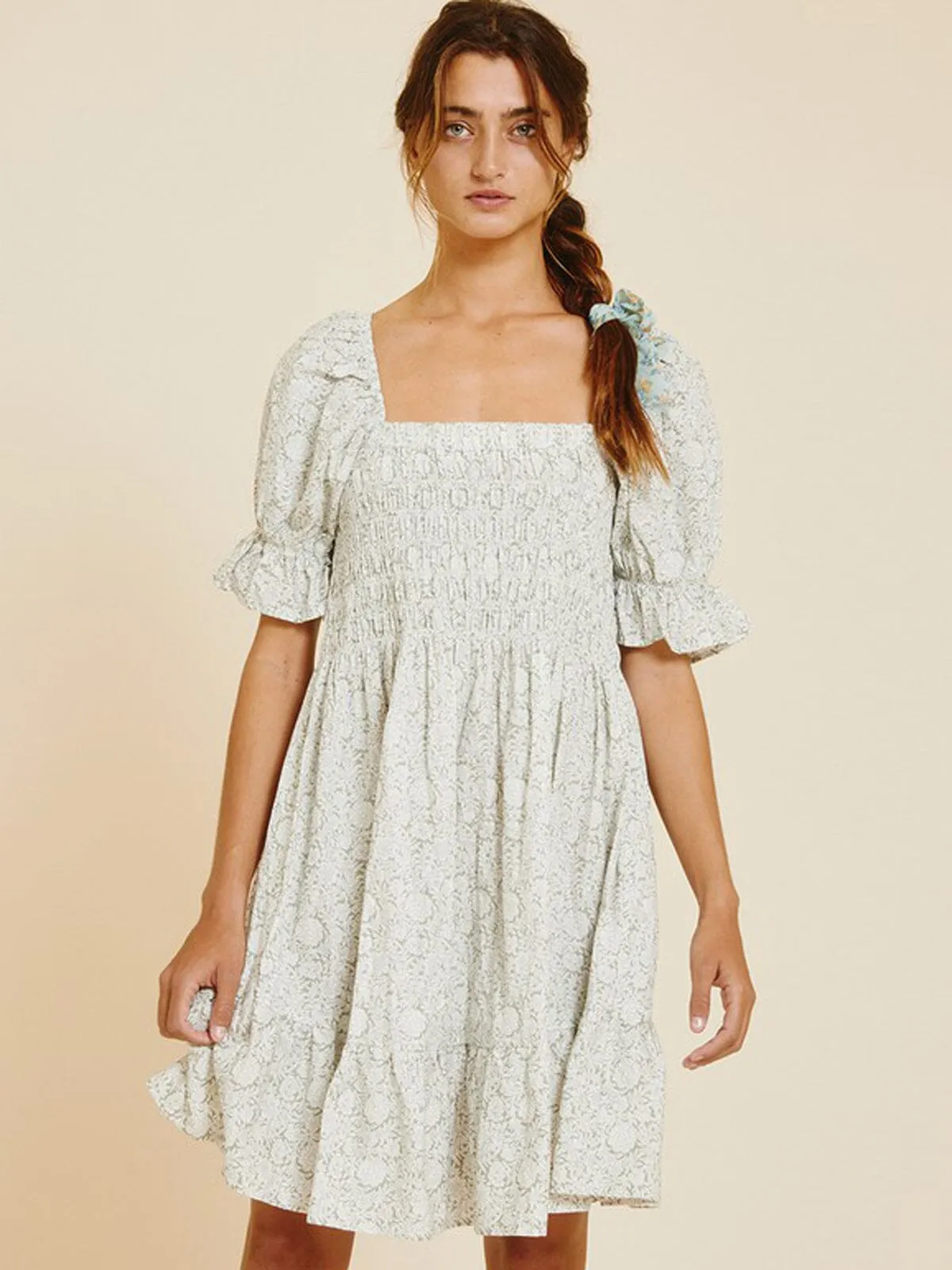 WOMEN'S SHORT PUFF SLEEVE SQUARE NECK POCKETS PRINTED MINI DRESS