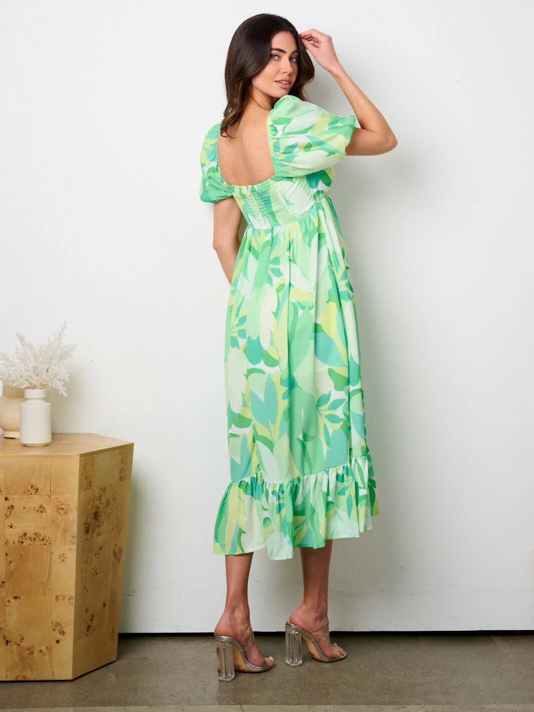 WOMEN'S SHORT PUFF SLEEVE SQUARE NECK PRINTED TIERED MAXI DRESS