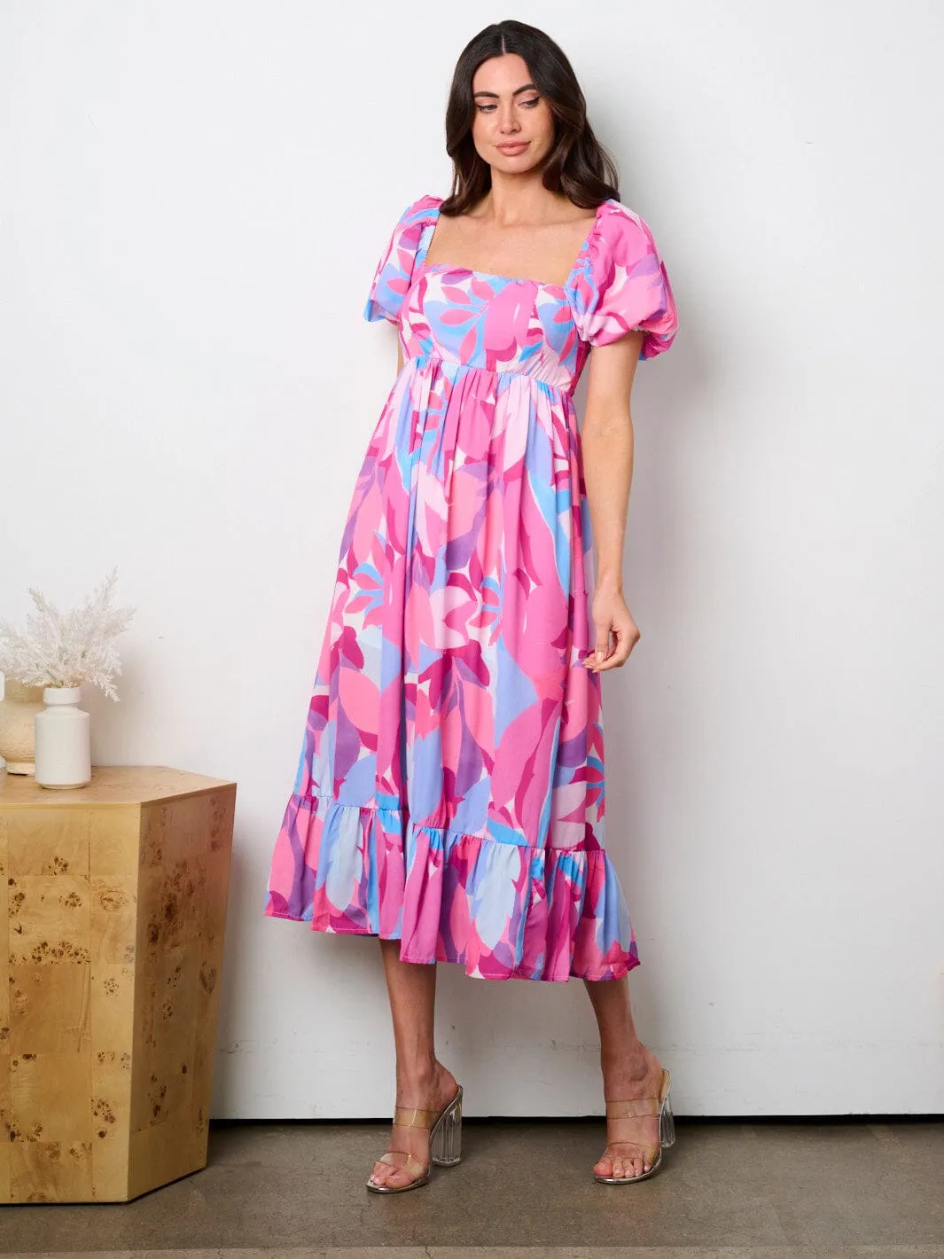 WOMEN'S SHORT PUFF SLEEVE SQUARE NECK PRINTED TIERED MAXI DRESS