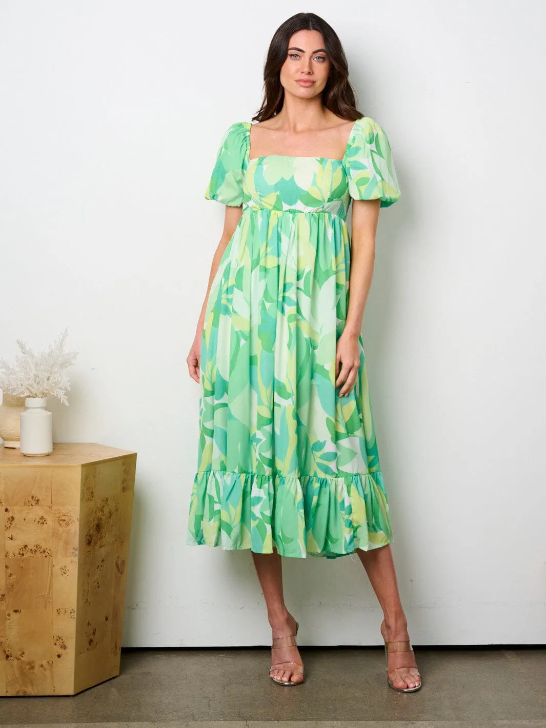 WOMEN'S SHORT PUFF SLEEVE SQUARE NECK PRINTED TIERED MAXI DRESS