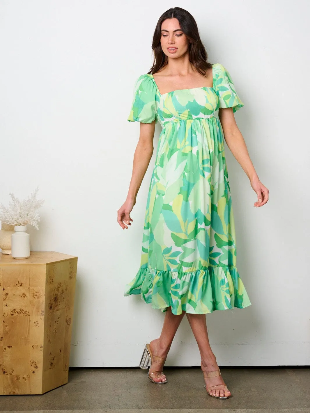 WOMEN'S SHORT PUFF SLEEVE SQUARE NECK PRINTED TIERED MAXI DRESS