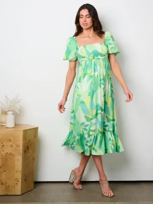 WOMEN'S SHORT PUFF SLEEVE SQUARE NECK PRINTED TIERED MAXI DRESS