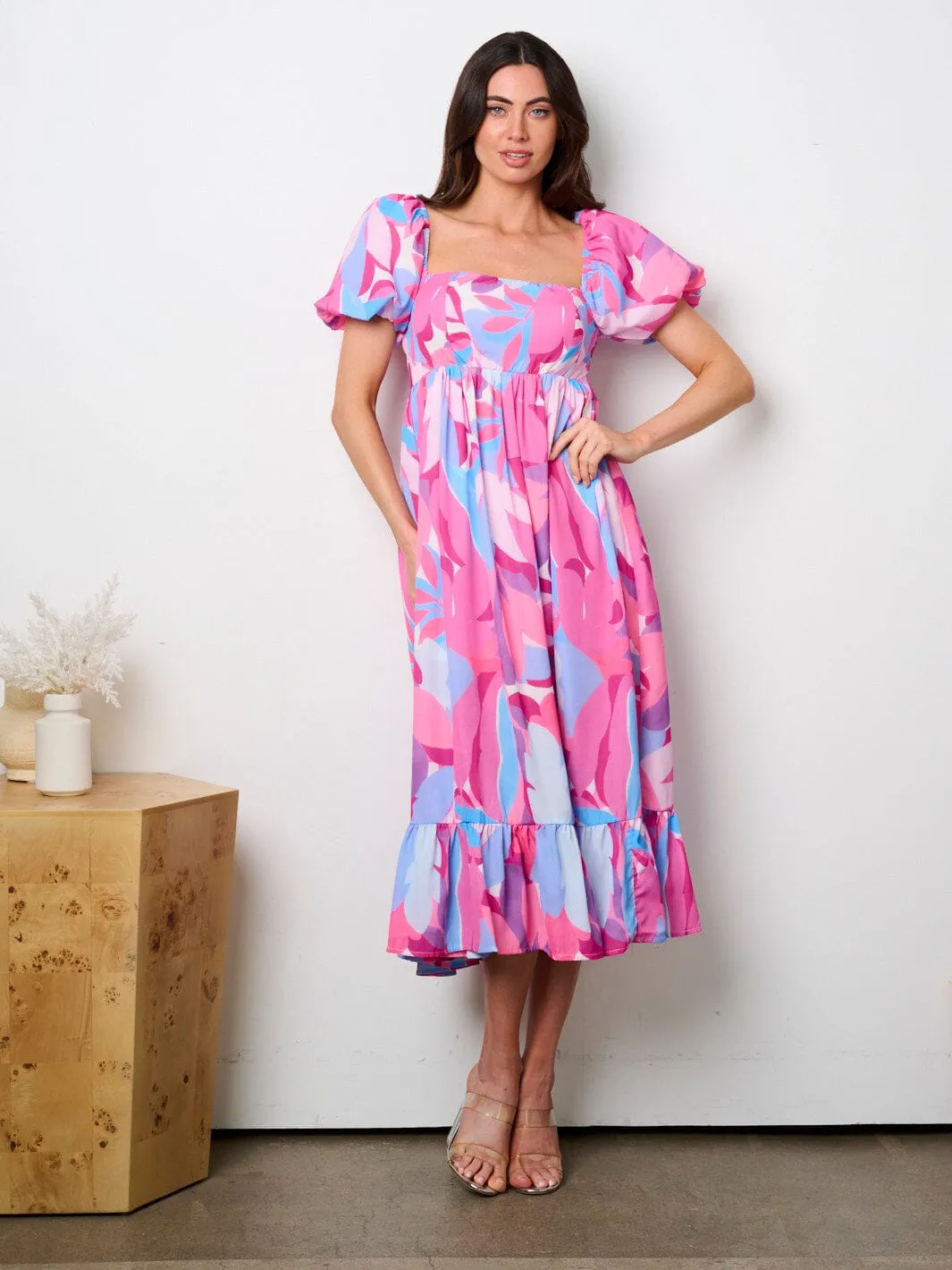 WOMEN'S SHORT PUFF SLEEVE SQUARE NECK PRINTED TIERED MAXI DRESS