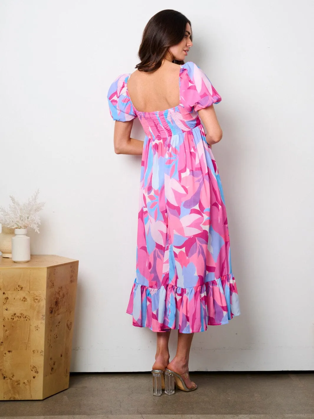 WOMEN'S SHORT PUFF SLEEVE SQUARE NECK PRINTED TIERED MAXI DRESS