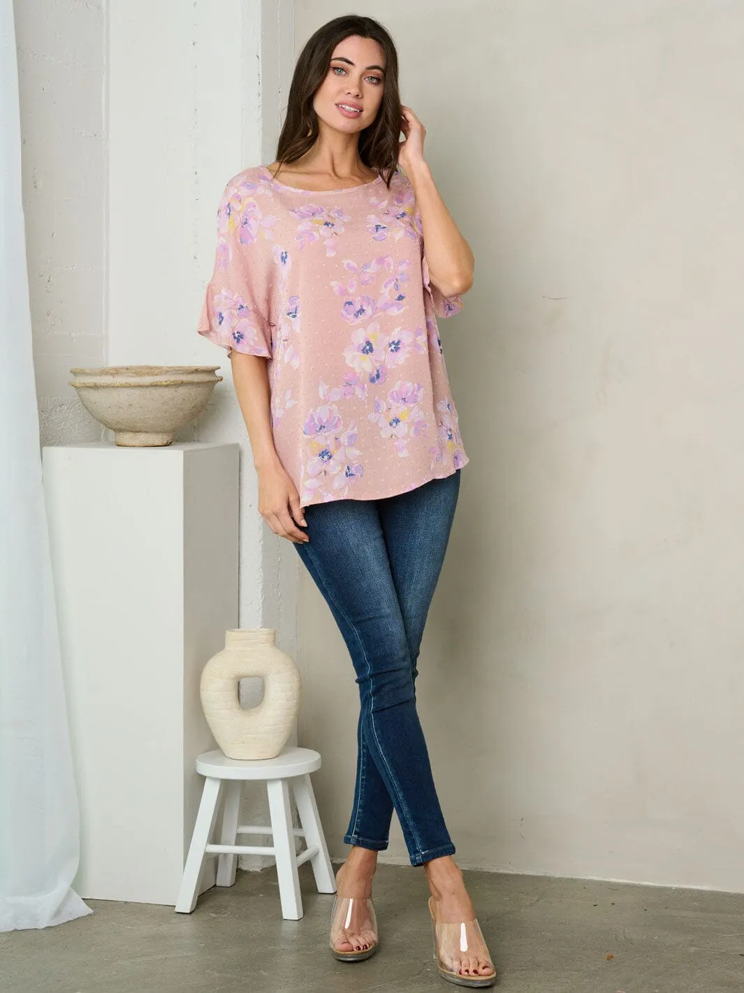 WOMEN'S SHORT SLEEVE SWISS DOT FLORAL TOP