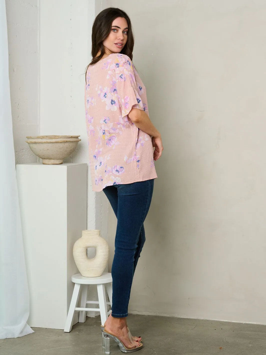 WOMEN'S SHORT SLEEVE SWISS DOT FLORAL TOP