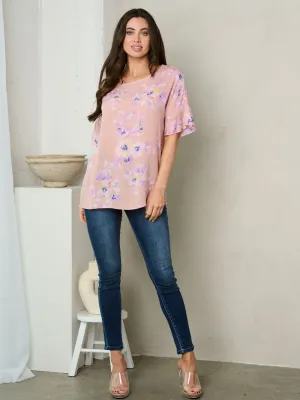 WOMEN'S SHORT SLEEVE SWISS DOT FLORAL TOP