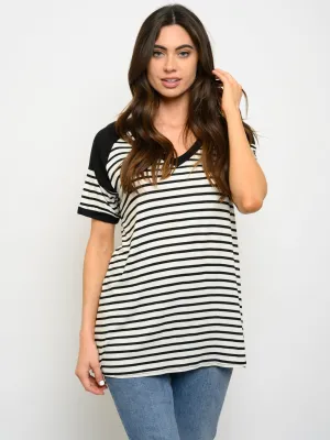 WOMEN'S SHORT SLEEVE V-NECK STRIPES TOP